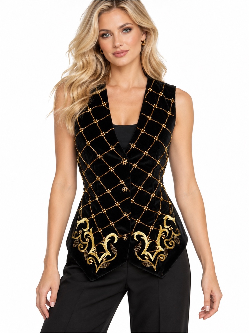 Ann Tjian for Kenar Small Black Velvet Gold Beaded Embroidered Button Front Vest